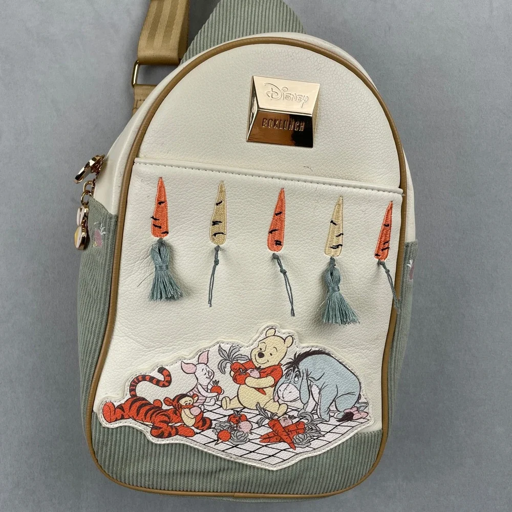 Disney BoxLunch Winnie the‎ Pooh Picnic Sling Bag Green Corduroy Cream Backpack